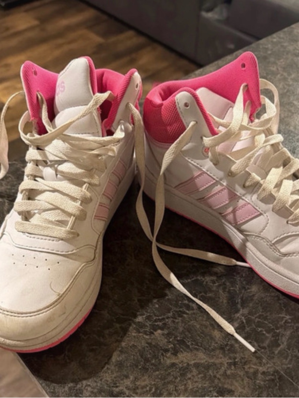 adidas White and Pink Mid-Top Sneakers